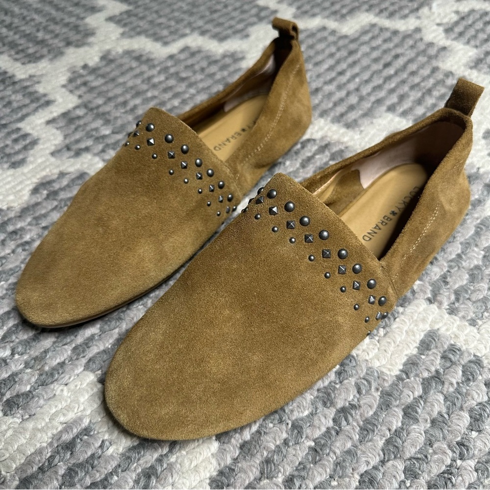 Lucky Brand Cognac Baako 2 Genuine Suede Slip-On Loafers with Stud Accents